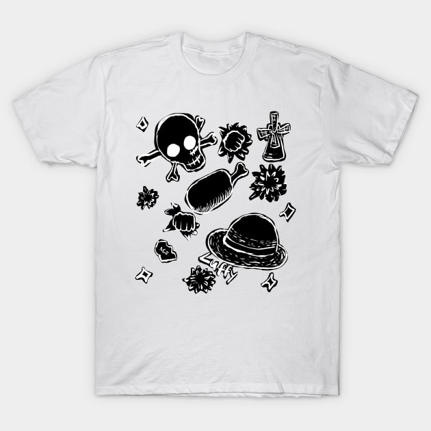 White Background Black Luffy Themed Pattern T-Shirt by VictoriaLehnard